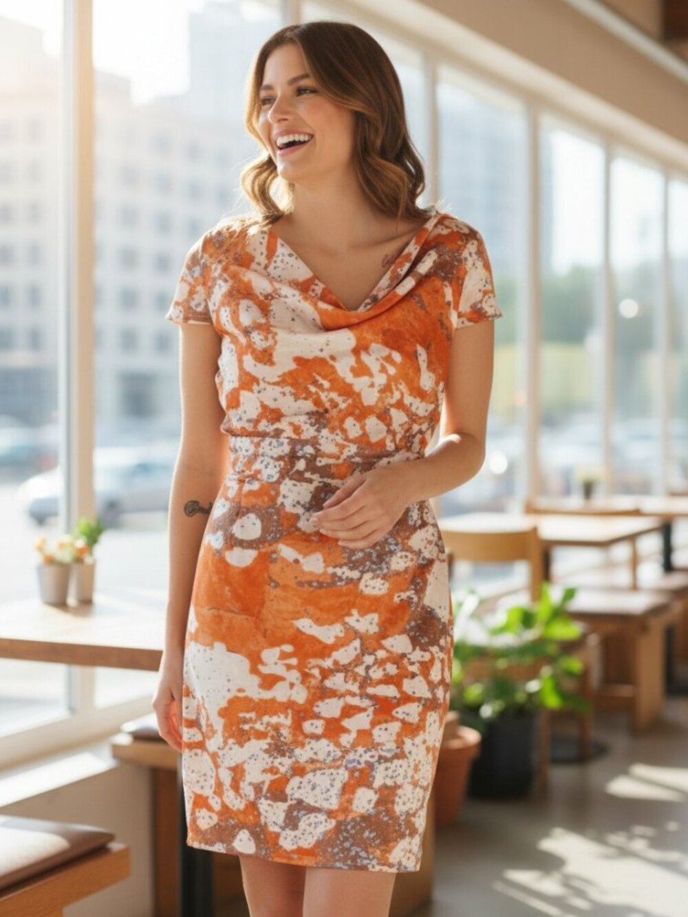 Andrew Marc Abstract Orange Satin Sheath Dress, 12